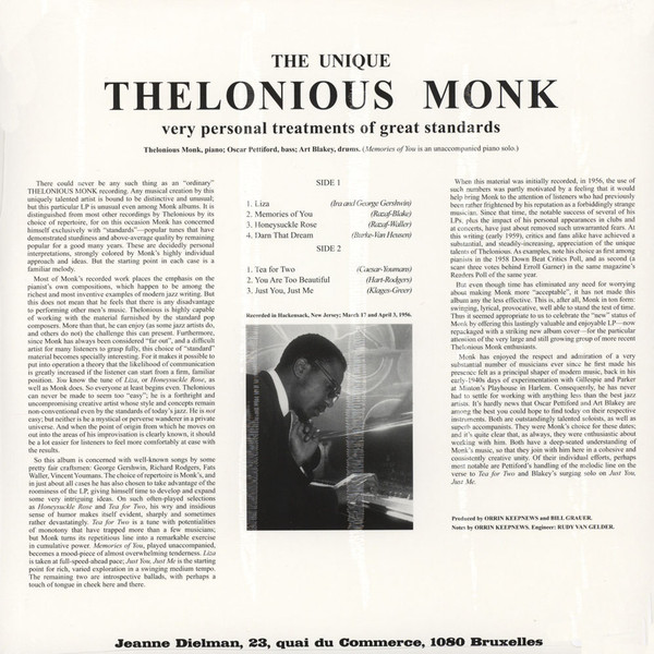 THELONIOUS MONK – THE UNIQUE THELONIOUS MONK – KONTRA RECORD STORE