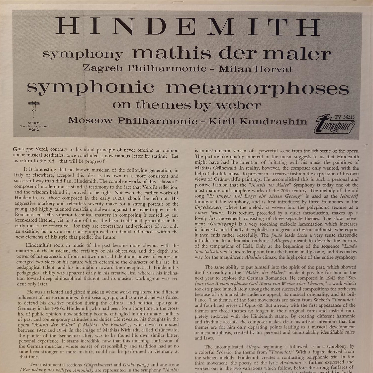 HINDEMITH – KIRIL KONDRASHIN – MATHIS DER MALER – SYMPHONIC METAMORPHOSES ARKA