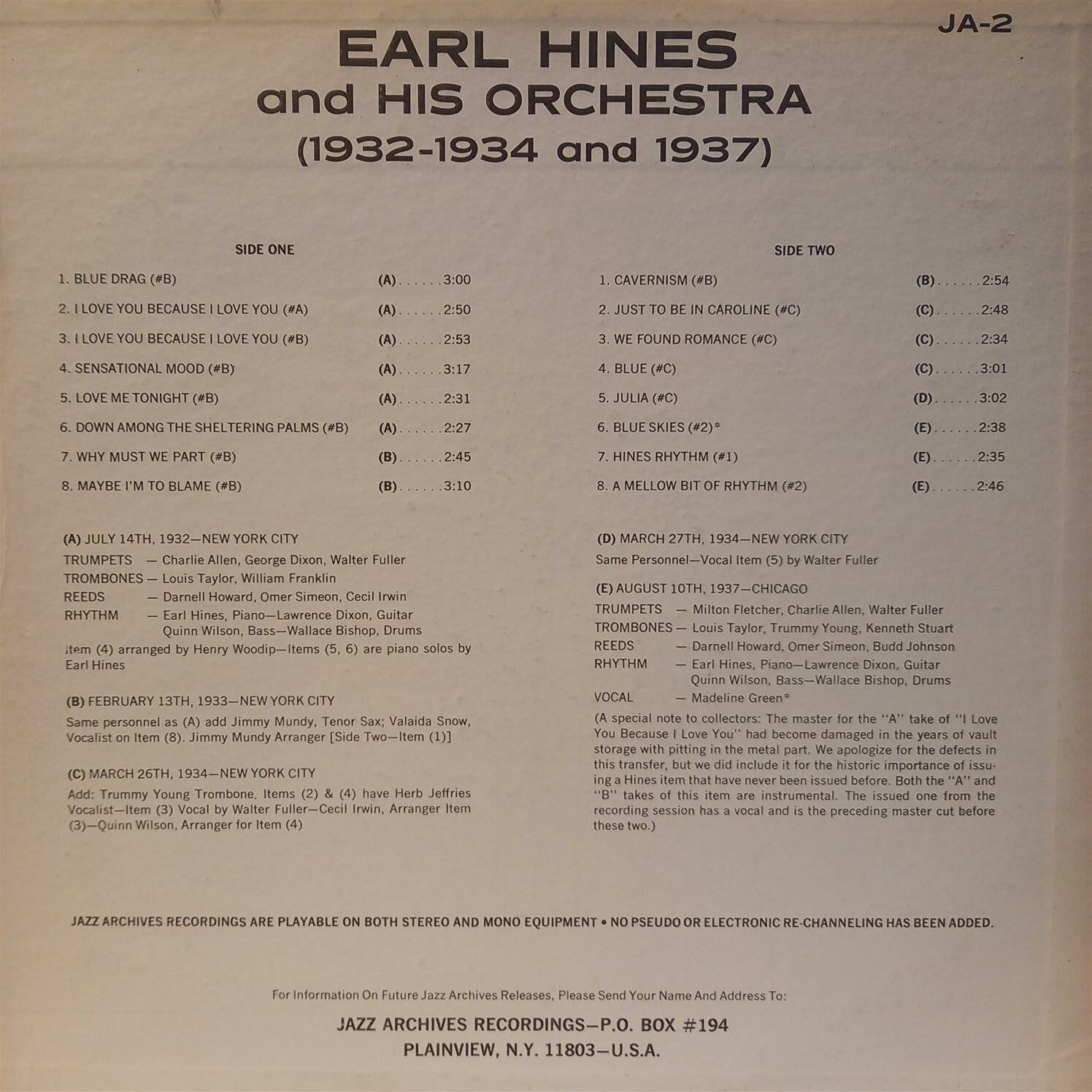EARL HINES AND HIS ORCHESTRA – 1932-1934 1937 ARKA