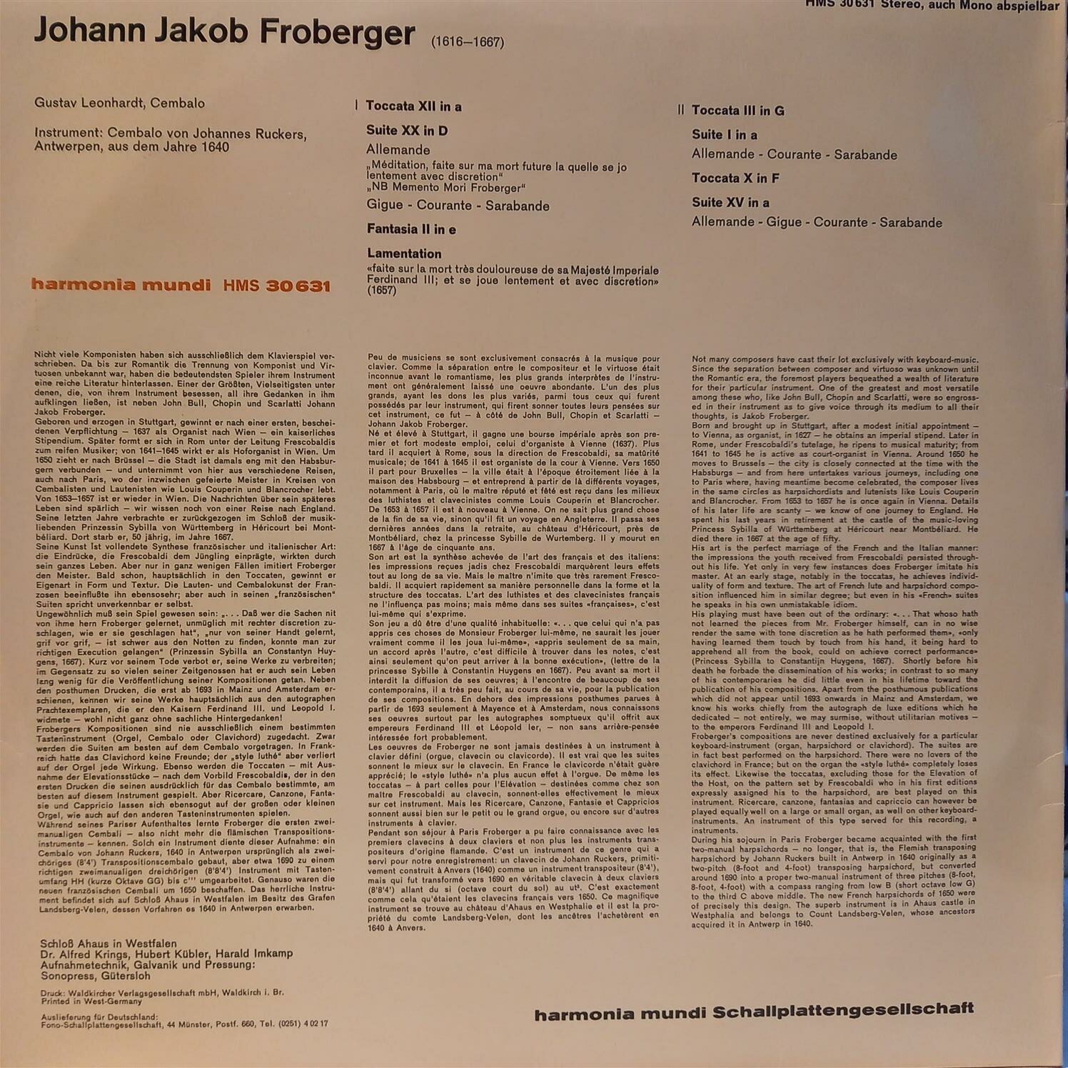 JOHANN JAKOB FROBERGER – GUSTAV LEONHARDT – MUSIK FOR CEMBALO ARKA
